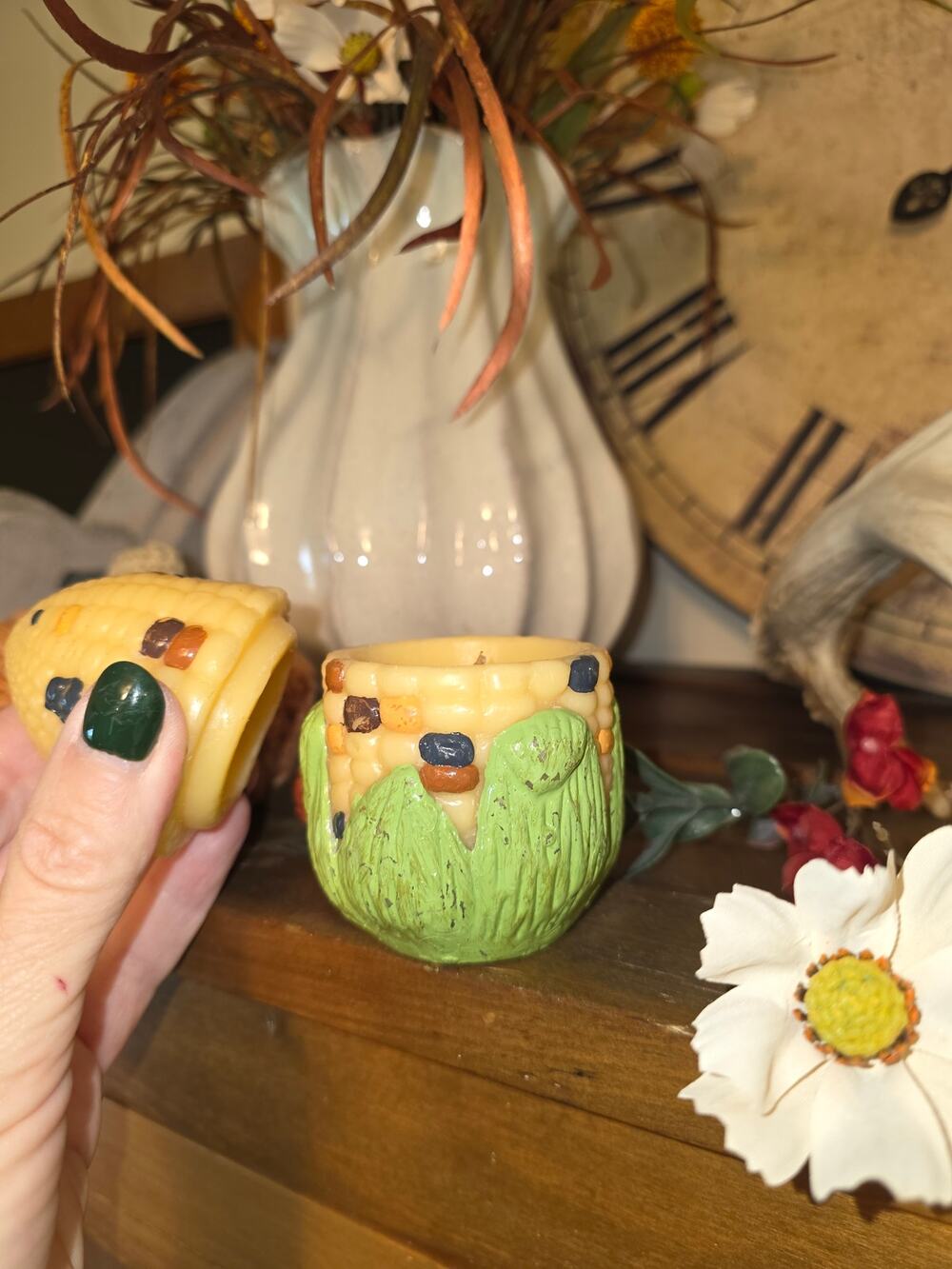 Vintage Indian Corn Cob Lidded Wax Candle Fall Harvest Thanksgiving Decor 4"